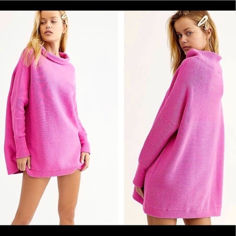 Free People Ottoman Slouchy Tunic Women S Pink Mock Neck Ribbed Knit Sweater